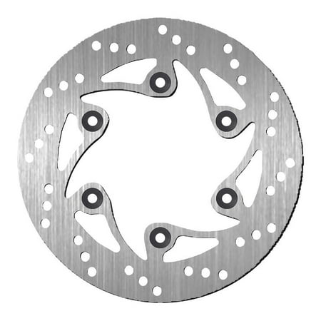 Silver metallic rear brake rotor with a circular design, featuring six mounting holes and a wave pattern for enhanced braking performance.