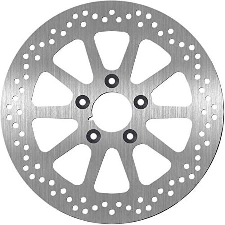 Silver metal brake rotor with a circular design, featuring multiple holes and cutouts for ventilation, and a central hub with six mounting holes.