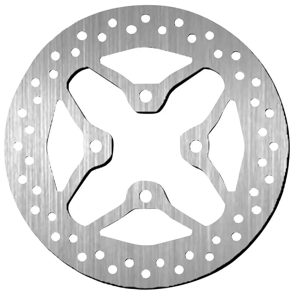 Silver round brake disc with a smooth surface, featuring a cross design and multiple holes for ventilation, designed for Honda AFS 110 models from 2012 to 2016.