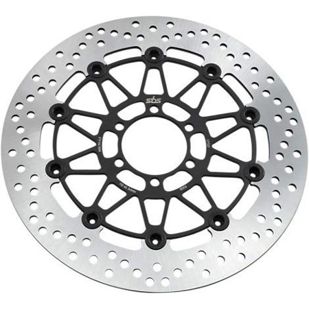 SBS 5308 stainless steel brake rotor featuring a silver surface with a black center, intricate cutouts, and multiple drilled holes for enhanced performance.