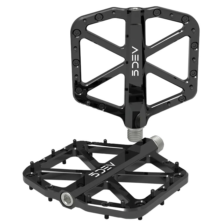 Black 5DEV All Round Pedals feature a robust aluminum construction, a wide platform with a geometric design, and multiple grip pins for enhanced traction.