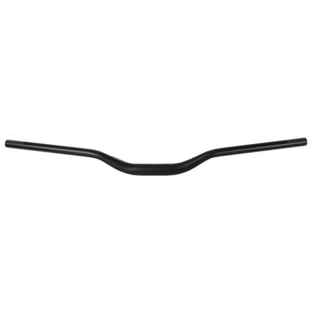 Black alloy handlebar with a sleek, curved design and textured grip areas, featuring a lightweight construction ideal for cycling.