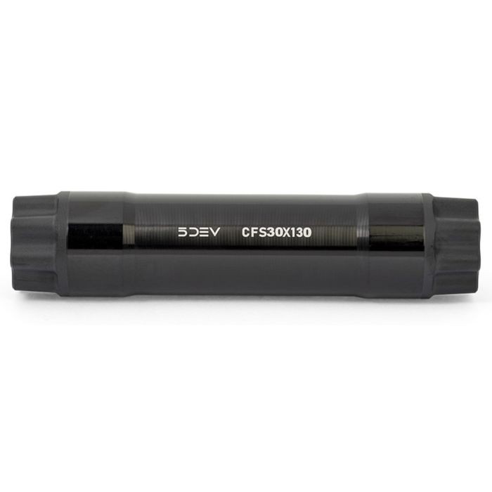 5DEV Crank Spindles in black aluminum, featuring a Boost 30mm x 130mm size, with a sleek, cylindrical design and engraved branding for easy identification.