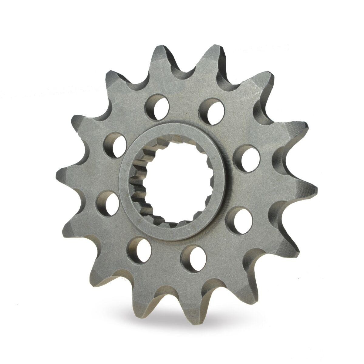 Steel ultralight front sprocket with a silver finish, featuring a star-shaped design and multiple holes, compatible with Sherco SE 250 models from 2021 to 2024.