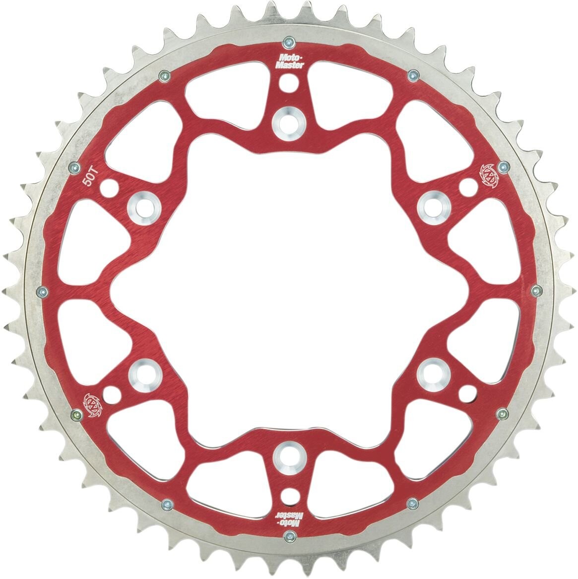 Red aluminum dual rear sprocket with a 52-tooth design, featuring a unique cutout pattern, intended for Honda CR125 models from 1984 to 2007.