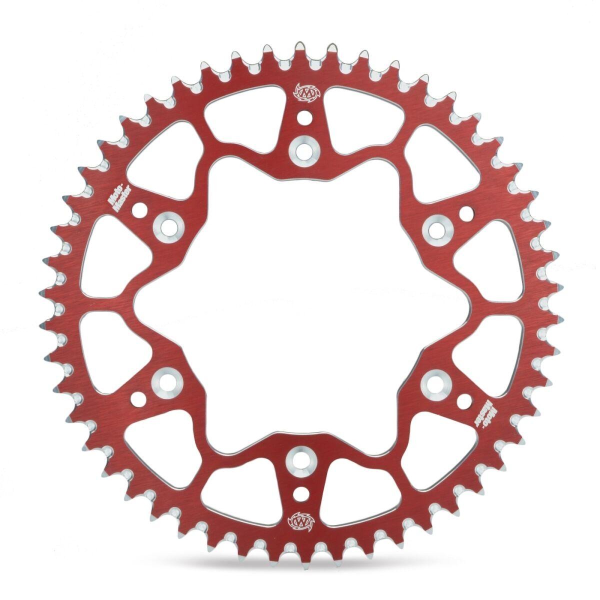 Red aluminum Moto Master 7075 racing sprocket with a 52T configuration, featuring a unique cut-out design and polished silver teeth, designed for Husqvarna 701 Enduro models from 2016-2024.