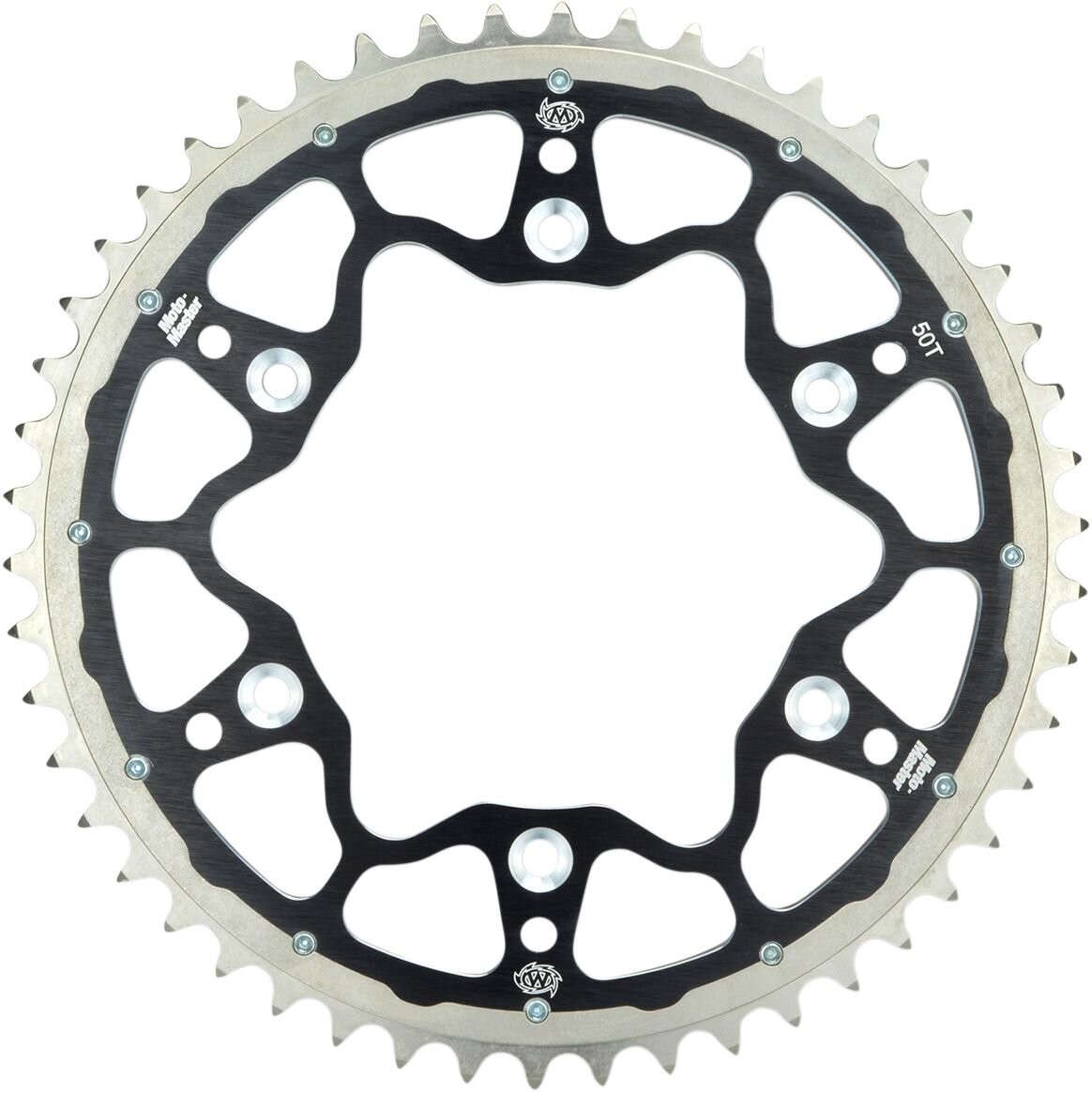 Black dual rear sprocket with a 50-tooth design, featuring an intricate cut-out pattern and silver edges, specifically designed for KTM SX85 models from 2004 to 2023.