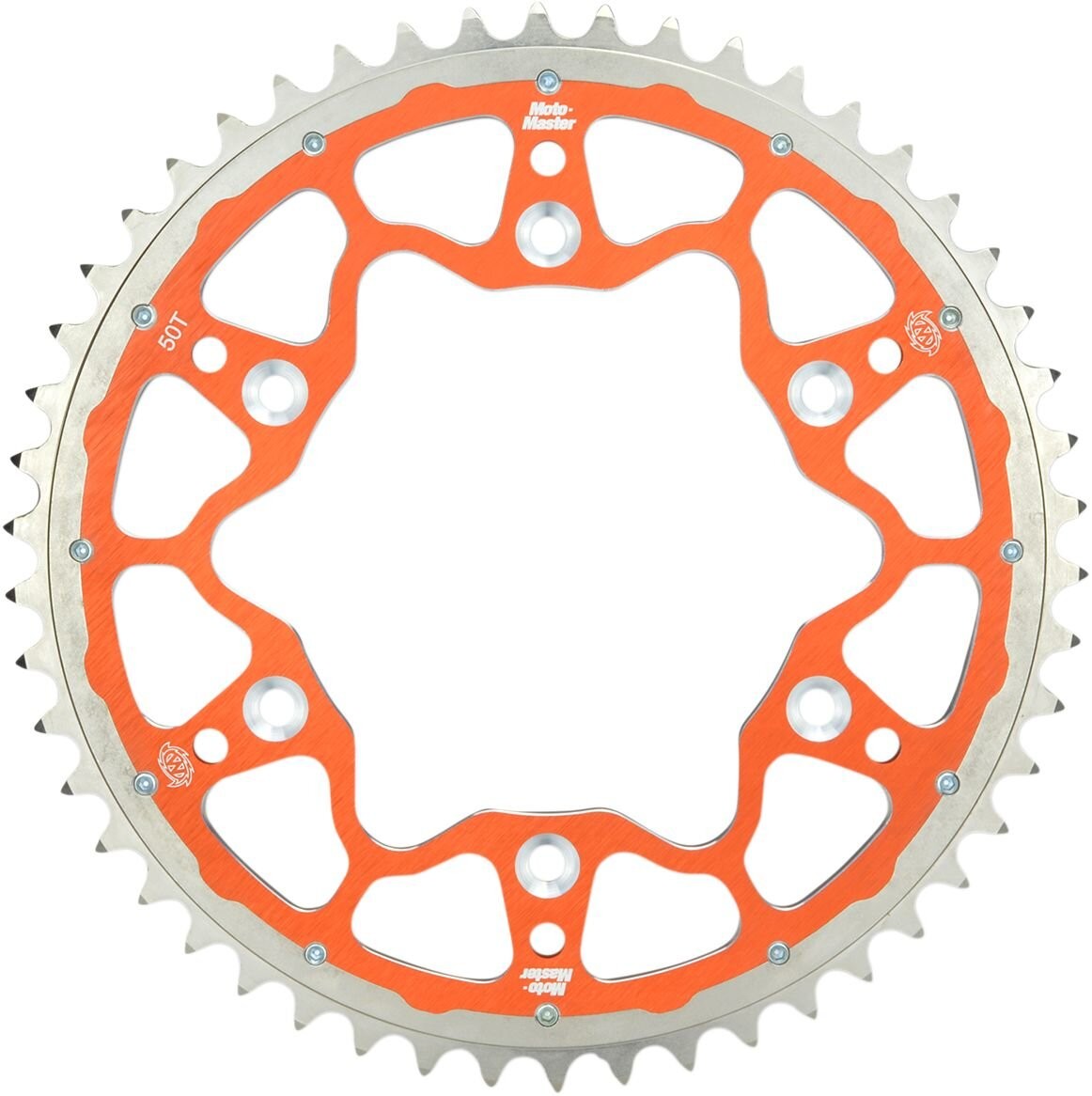 Orange aluminum dual rear sprocket with 50 teeth, featuring a unique cut-out design and silver edges, designed for KTM SX85 models from 2004 to 2023.