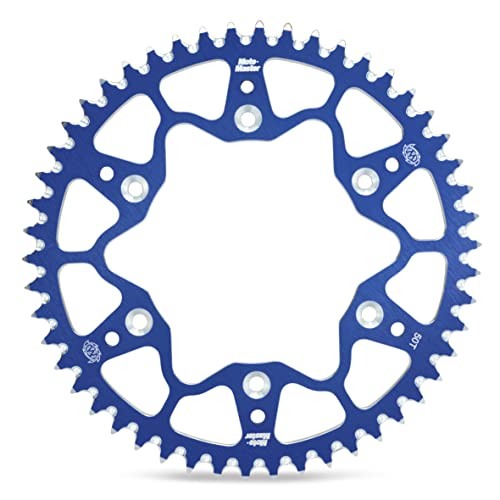 Blue 53-tooth racing sprocket made from durable 7075 aluminum, featuring a star-shaped design with cutouts for weight reduction, compatible with TM MX 85 Junior models from 2013 to 2021.