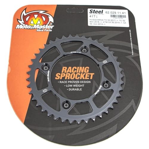 Black steel rear sprocket with 42 teeth, featuring a sleek design and "RACING SPROCKET" text, mounted on a branded Moto Master card for KTM SX-E 5 models from 2019 to 2024.