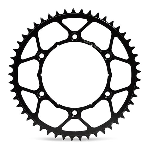 Black steel ultralight rear sprocket with 46 teeth, featuring a sleek design and multiple cutouts for weight reduction, specifically designed for Yamaha YZ65 models.