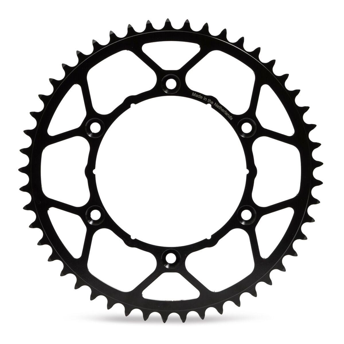 Black steel ultralight rear sprocket with 46 teeth, featuring a sleek design and multiple cutouts for weight reduction, compatible with Gas Gas MC65 models from 2025-2026.
