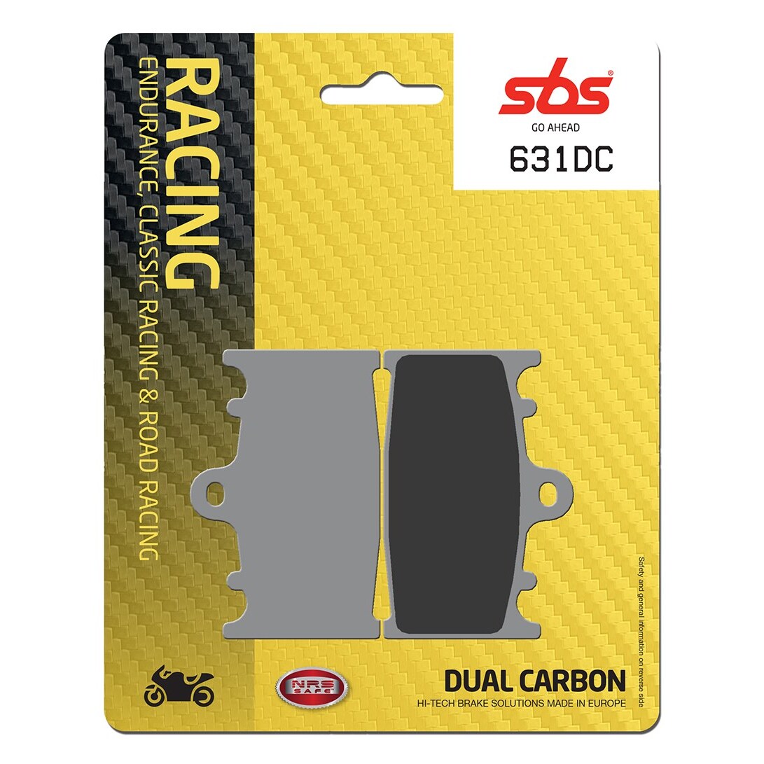 SBS 631DC dual carbon front brake pads in grey and black packaging, designed for Suzuki GSX-R 600 (1997-2003), featuring a racing theme and high-tech branding.