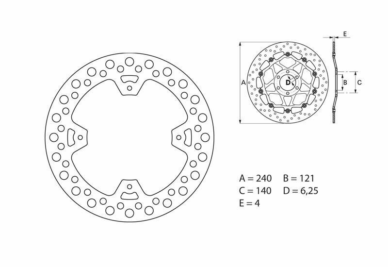 Round fixed brake disc in silver with a distinctive series of drilled holes, featuring detailed measurements and specifications for compatibility and performance.