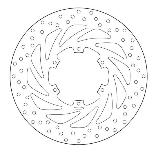 Perforated, circular brake disc in silver with a distinctive swirl pattern, featuring a central hub and multiple mounting holes, designed for front fixed disc applications.