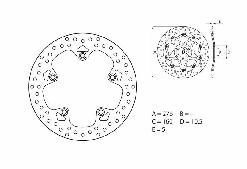BREMBO 68B407G9 brake disc in silver, featuring a perforated design and a fixed rear configuration, with detailed measurements and a five-bolt pattern.