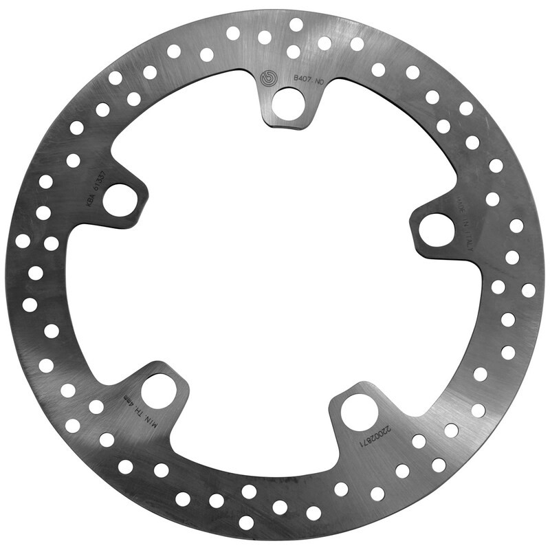 BREMBO 68B407N0 fixed front brake disc in silver stainless steel, featuring perforated design and multiple mounting holes for enhanced braking performance.