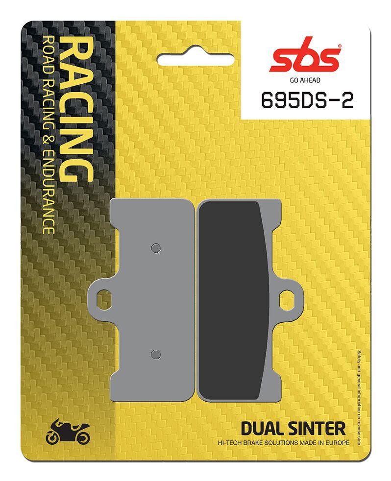 SBS DS Dual Sintered Front Brake Pads in a yellow and black packaging, featuring two grey brake pads designed for Aprilia SXV 450 models from 2008 to 2010.