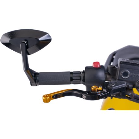 Black Puig 6994N Hi-Tech bar end mirror with a sleek, aerodynamic shape, mounted on a motorcycle handlebar, featuring a black grip and gold lever accents.