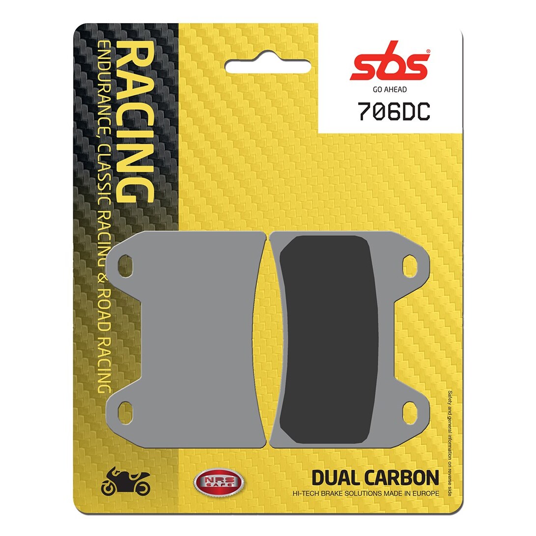 SBS 706DC Dual Carbon Front Brake Pads for Ducati 748 SPS, featuring a grey color with a smooth surface, packaged in a yellow and black card with racing graphics.