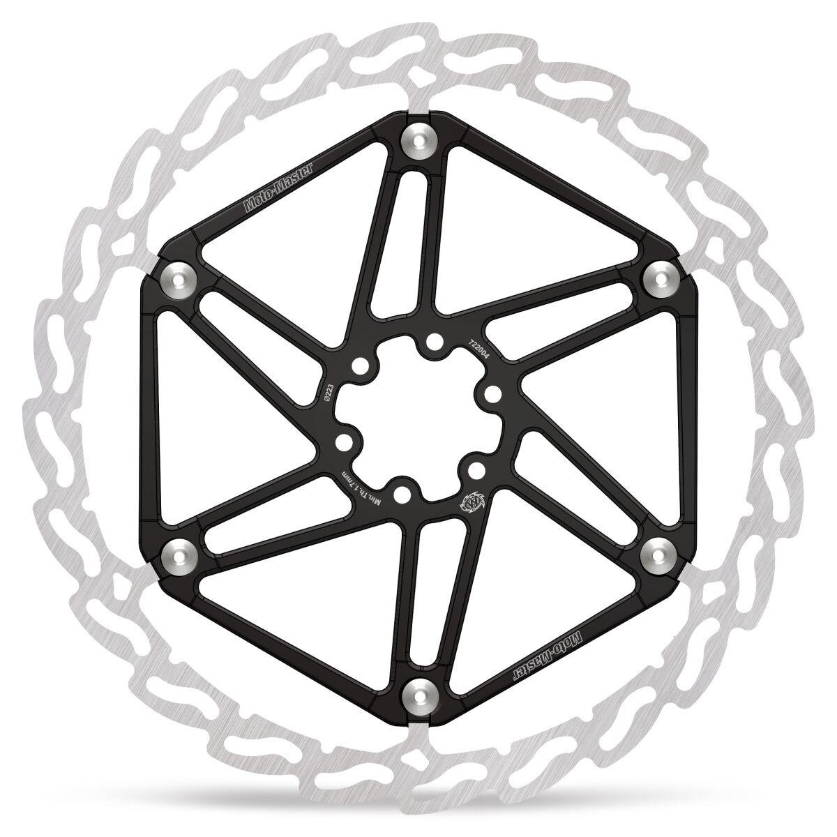 Black and silver Moto Master Flame Brake Disc featuring an octagonal design with cutouts and circular mounting points, suitable for Sur-Ron Light Bee models from 2020 to 2024.