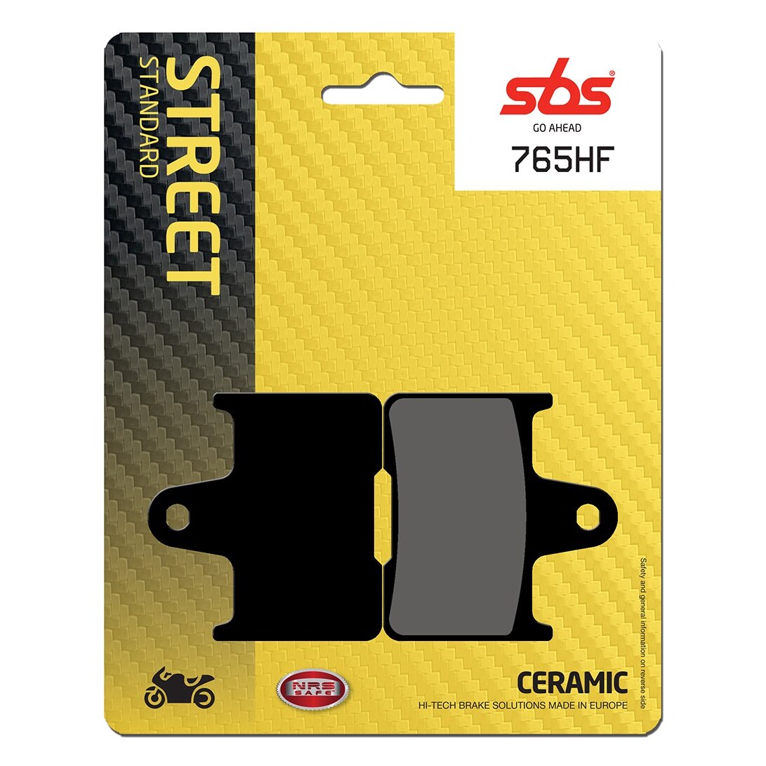 Black ceramic brake pads on a yellow and black packaging, featuring the SBS logo and "765HF" model number, designed for Suzuki GSF 650 motorcycles from 2005.