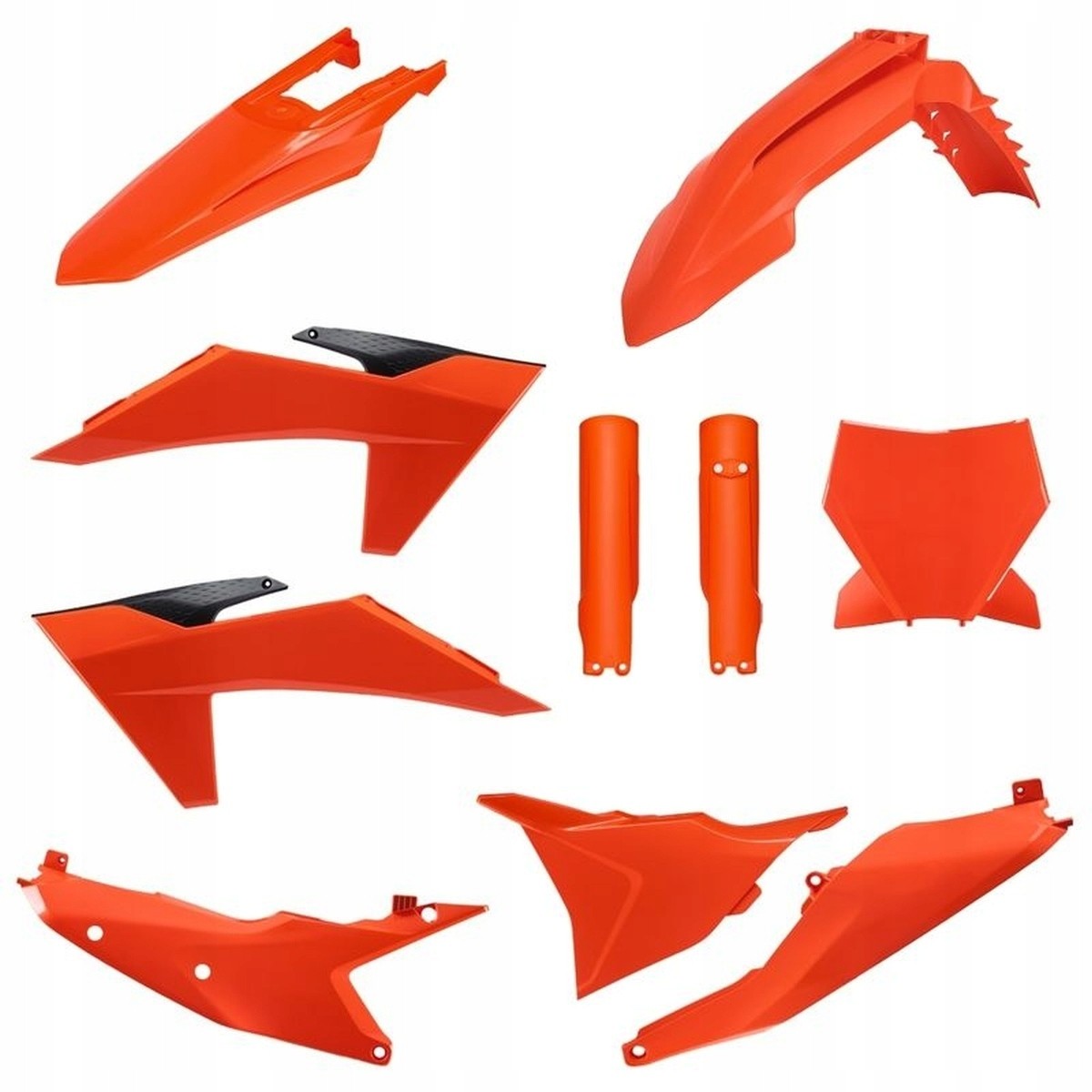 Bright orange plastic motocross replica kit for KTM SX/SX-F & XC/XC-F (2023–2024), featuring durable, flexible panels with black accents, designed for OEM quality and perfect fit.