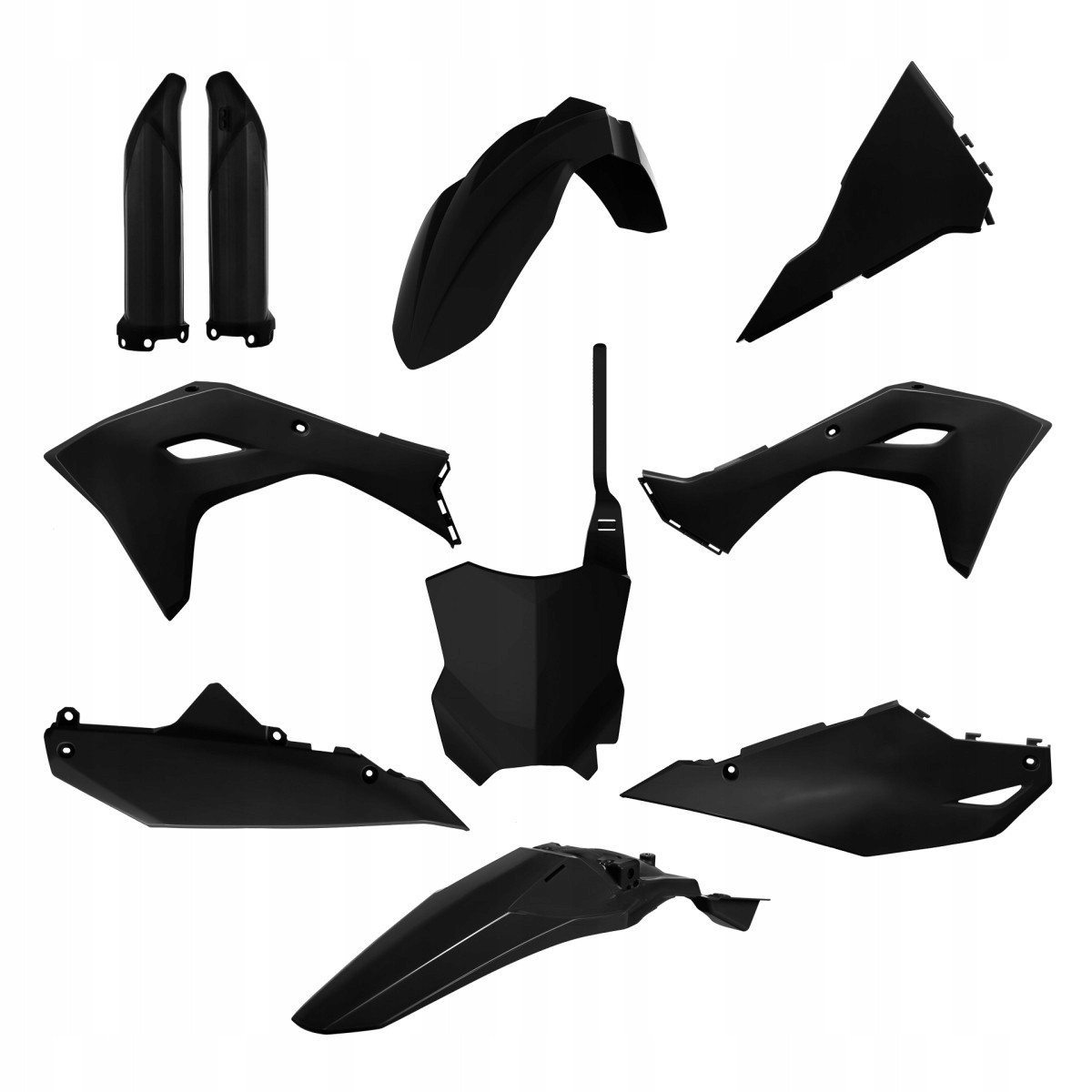 Black plastics kit for Kawasaki KXF450 2024, includes multiple body panels and fenders made from durable plastic, featuring a sleek, modern design.