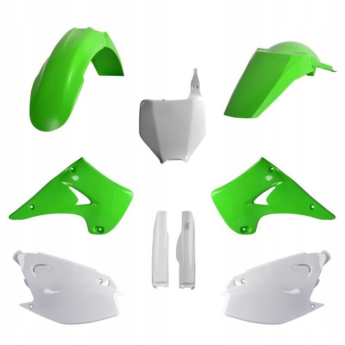 Green and white plastic bodywork kit for Kawasaki KX 125/250 (2004-2008), including fenders, side panels, and a front number plate, showcasing a glossy finish.