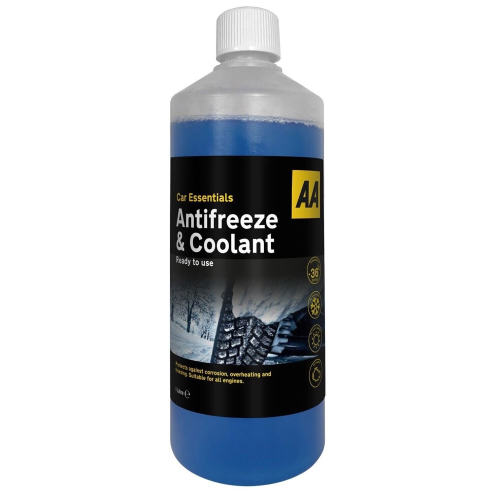 Clear plastic bottle containing blue liquid antifreeze and coolant, labeled "AA Antifreeze & Coolant," with a black and yellow design and key features highlighted on the front.