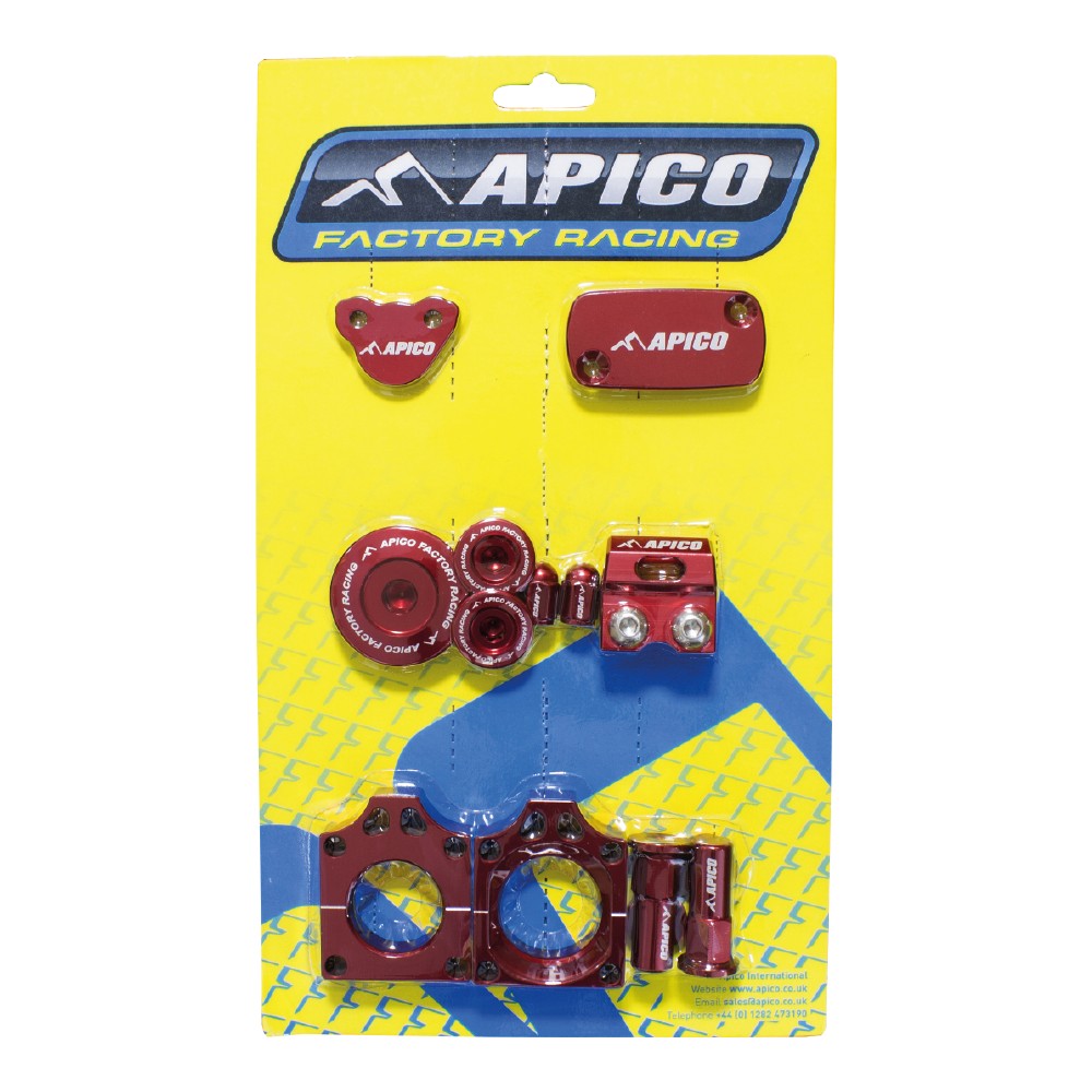 Red anodized aluminum parts from Apico, including a throttle grip, bar ends, and other accessories, displayed on a yellow backing card with blue graphics, designed for Honda CRF450R 2009-2016.