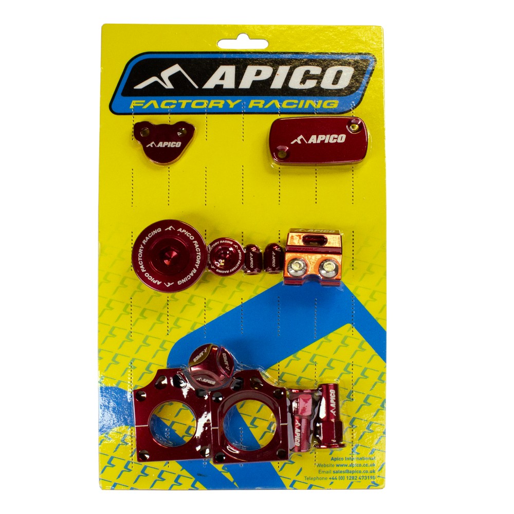 Red anodized aluminum bling pack for Honda CRF250R and CRF250RX, featuring various components like a throttle cover, bar clamps, and a fuel cap, all with the Apico logo.