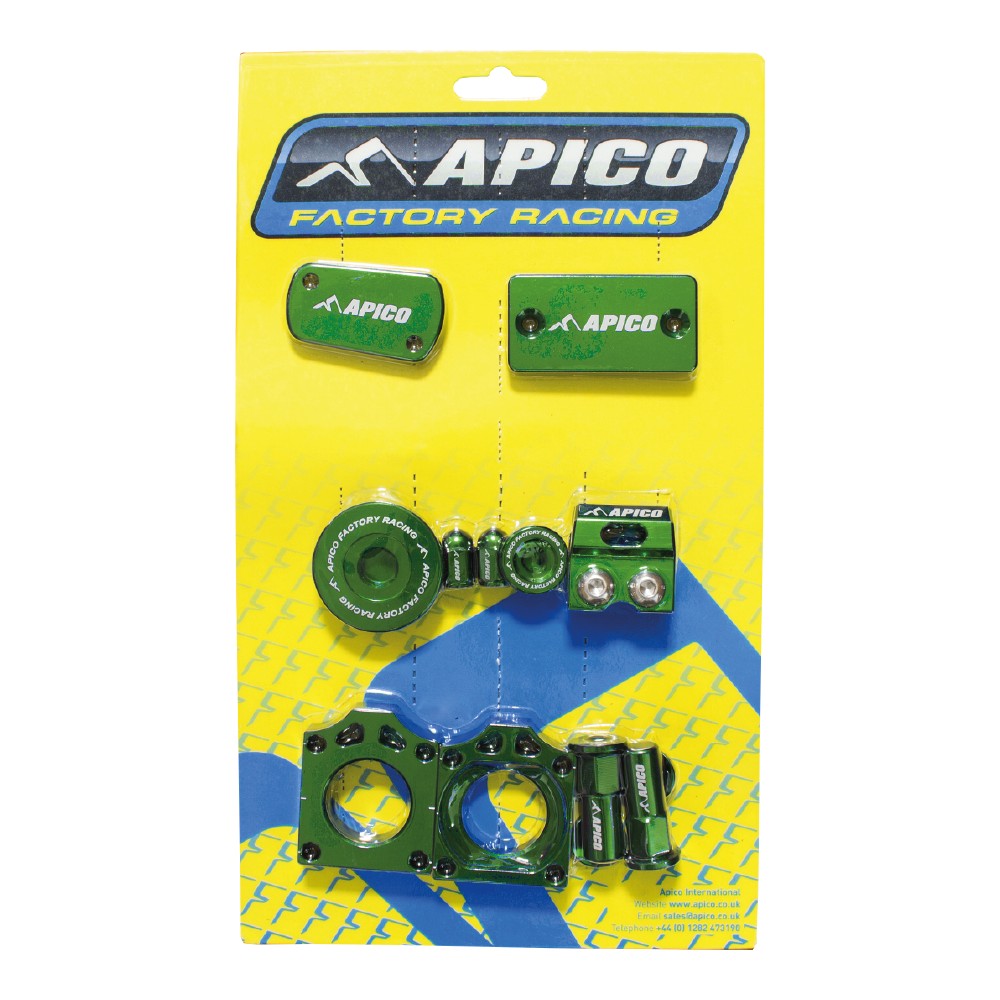 Green Apico Factory Bling Pack for Kawasaki, featuring multiple aluminum parts including caps, grips, and a throttle tube, all designed for KXF250 (2011-2020) and KXF450 (2009-2018).
