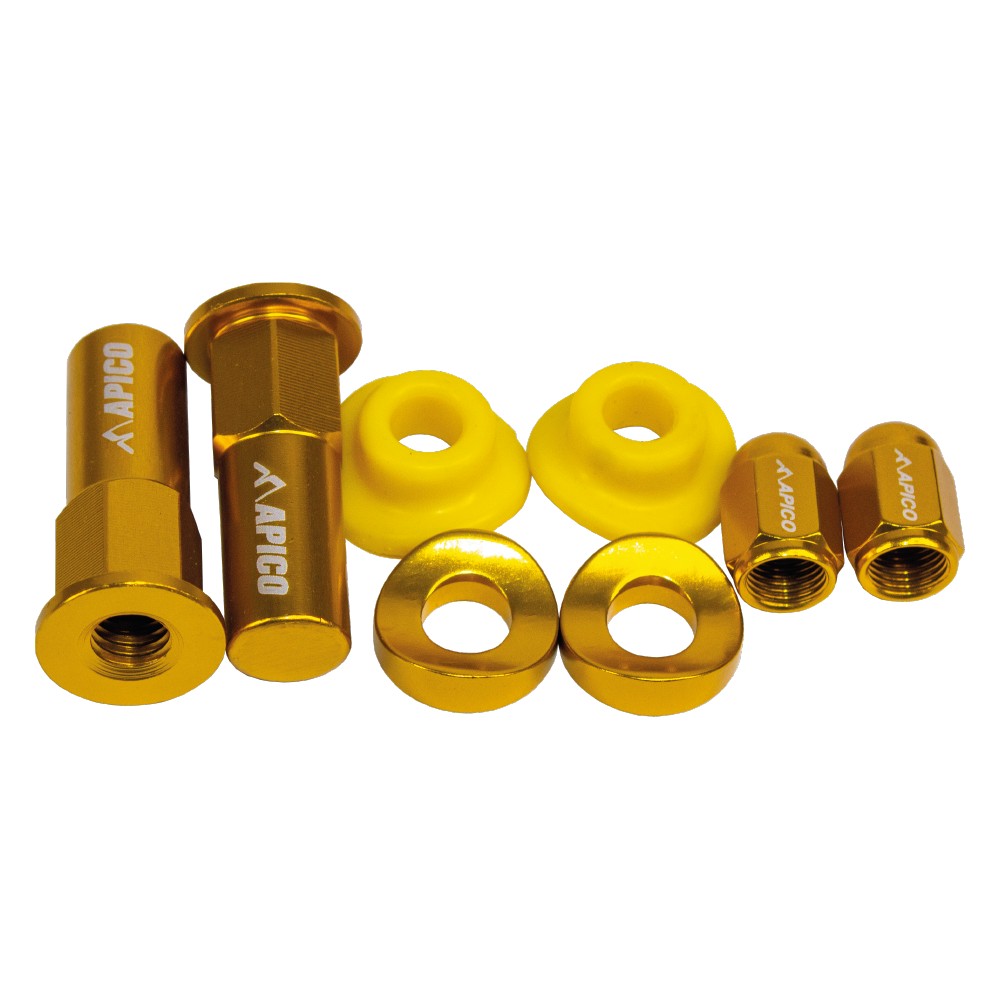 Yellow and gold Apico Factory Wheel Bling Pack featuring aluminum bolts, nuts, and spacers, designed for enhancing motorcycle wheels.