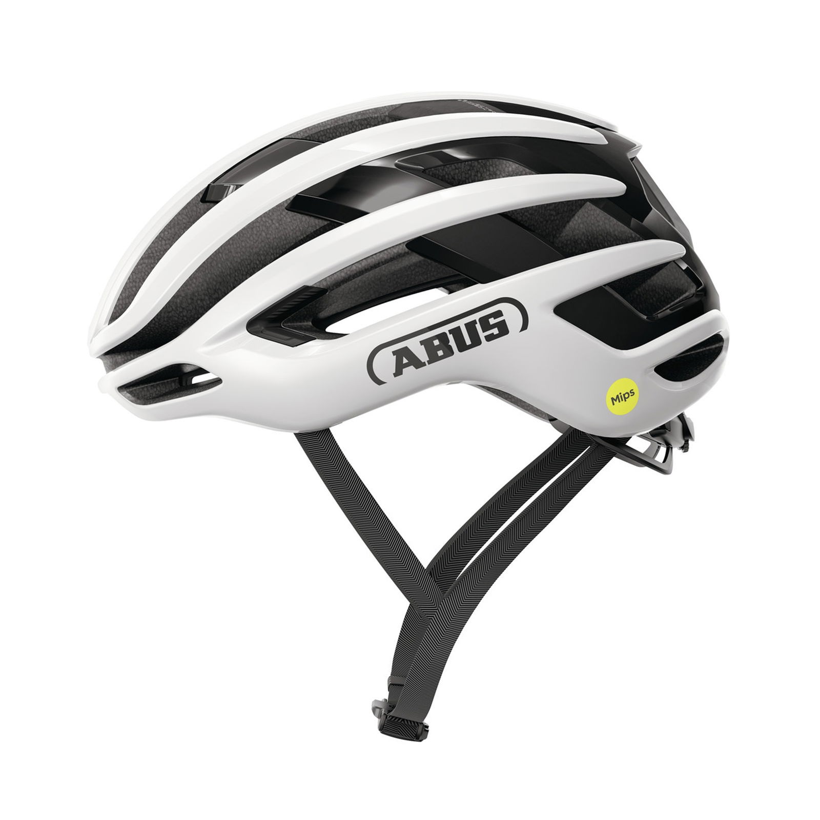 Shiny white Abus AirBreaker 2.0 MIPS road cycling helmet featuring aerodynamic design, multiple ventilation slots, and adjustable straps for a secure fit.