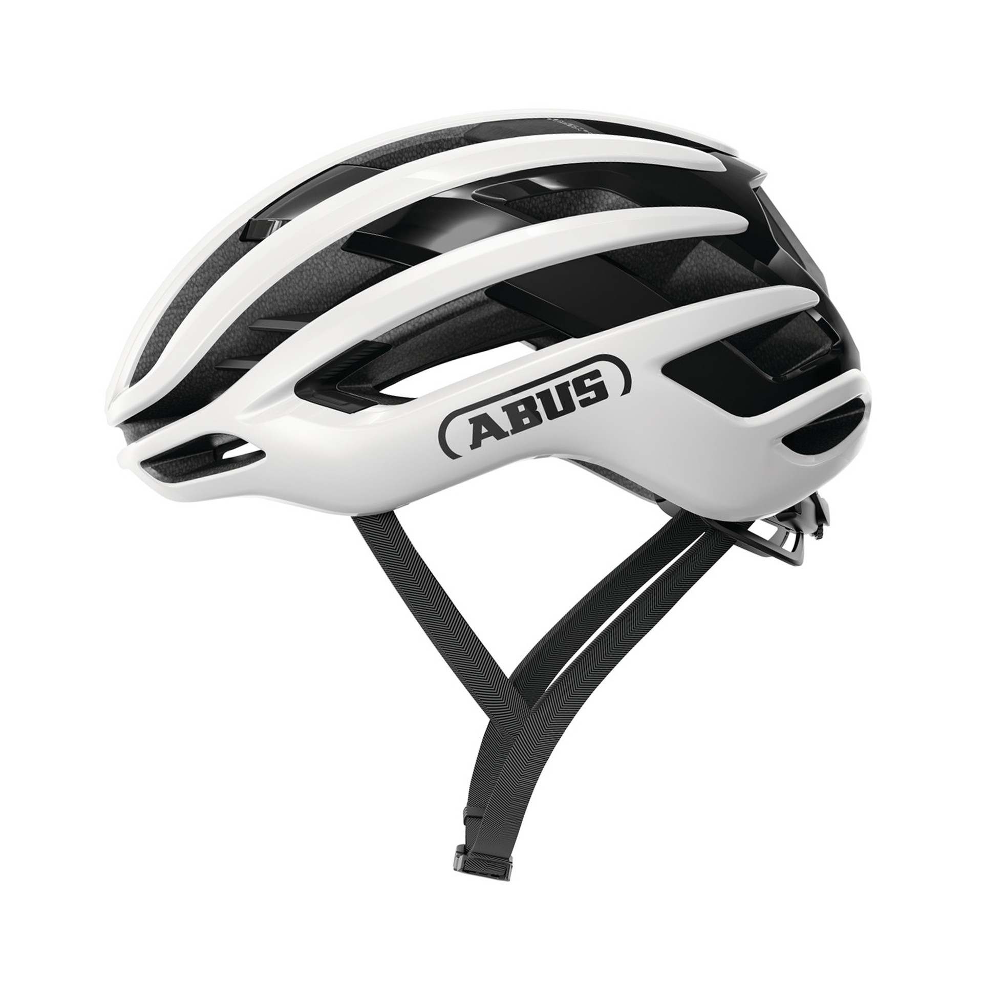 Shiny white Abus Airbreaker 2.0 road cycling helmet featuring aerodynamic design, multiple ventilation slots, and adjustable straps for a secure fit.