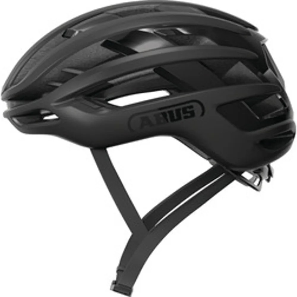 Velvet black Abus AirBreaker 2.0 road cycling helmet featuring a sleek aerodynamic design, ventilation slots, and adjustable straps for a secure fit.
