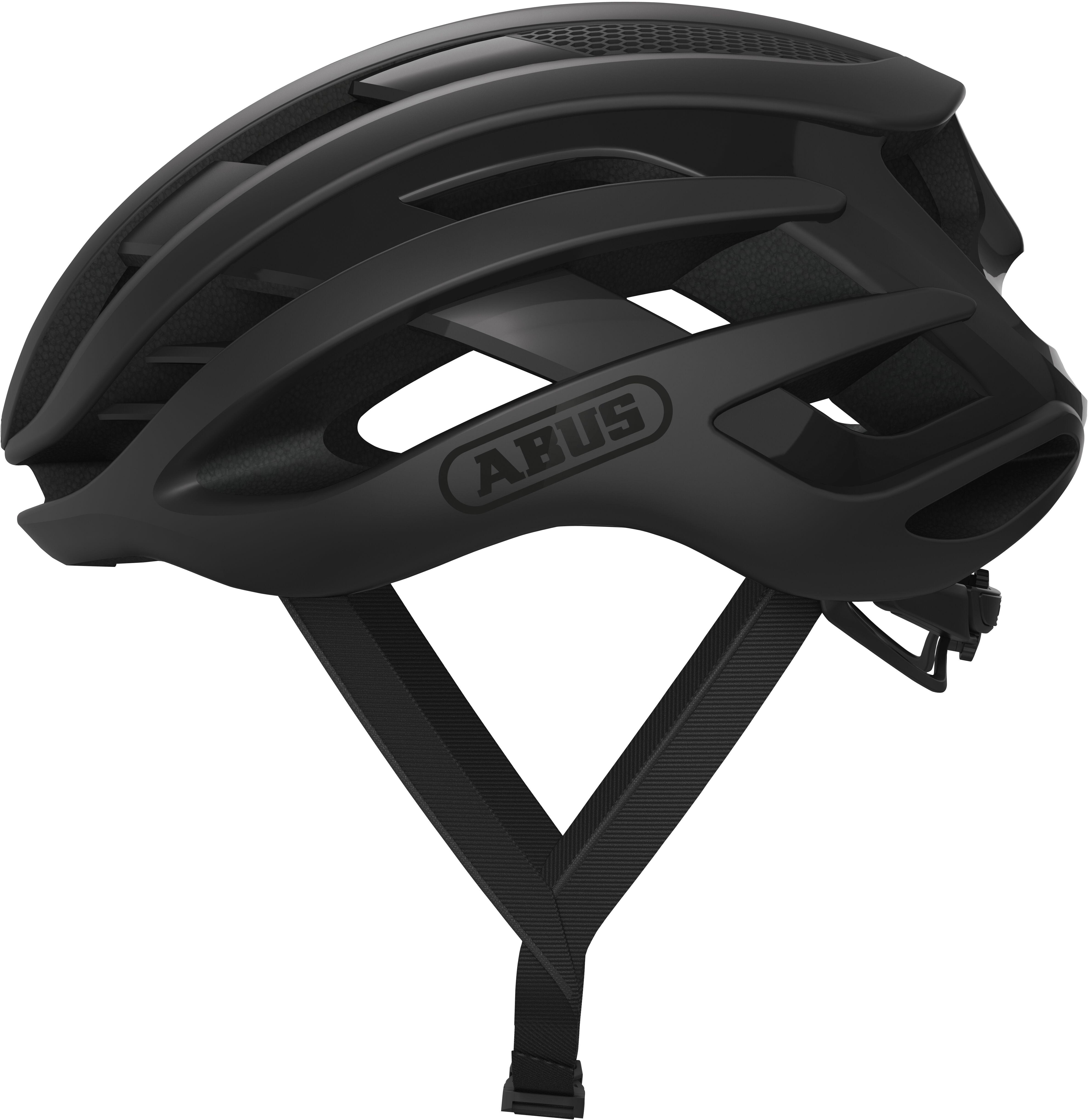 Black ABUS Airbreaker cycling helmet with aerodynamic vents and adjustable chin strap.