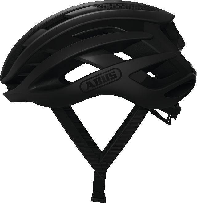 Black Abus AirBreaker helmet in size large, featuring a sleek aerodynamic design, multiple ventilation slots, and adjustable chin straps for a secure fit.