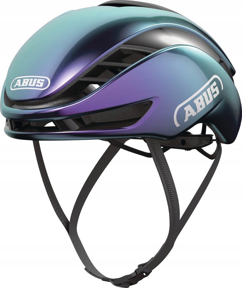 Purple Flip Abus Gamechanger 2.0 Road Bike Helmet featuring a sleek aerodynamic design, lightweight construction, and adjustable straps for a secure fit.