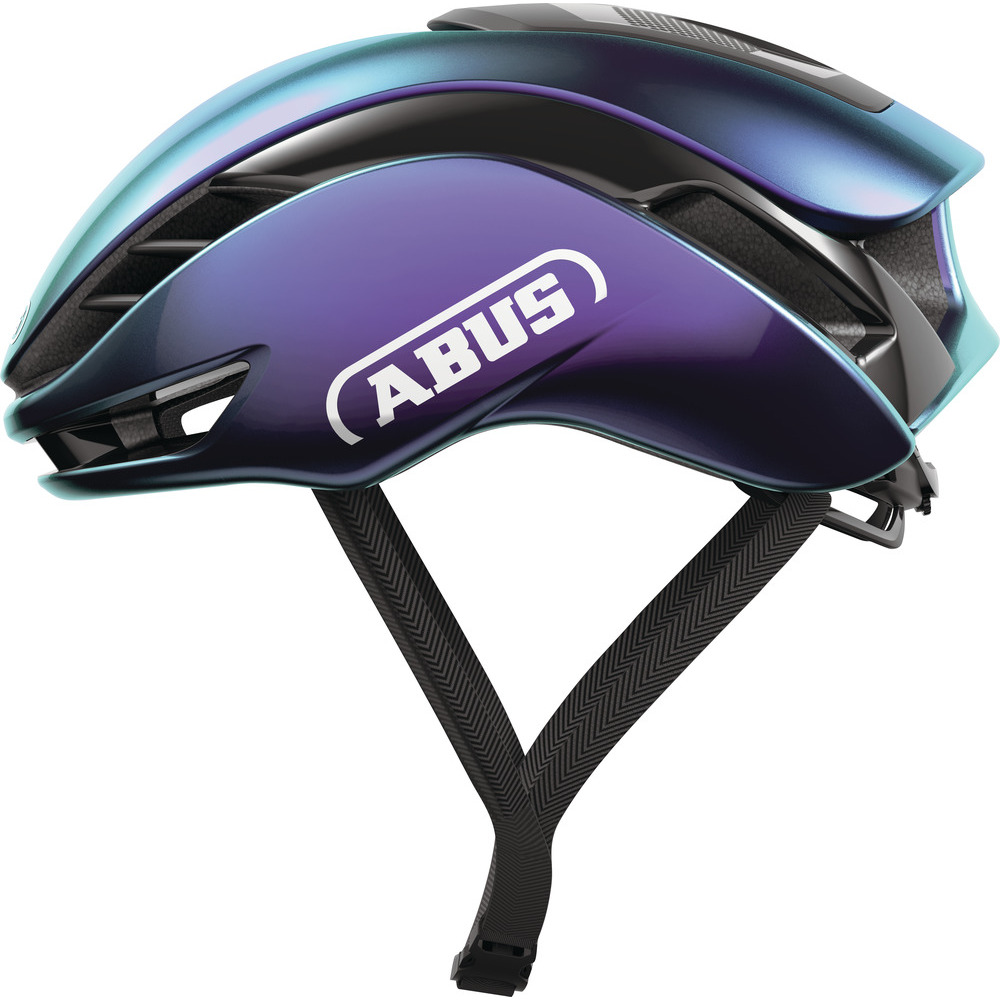 Purple Flip Abus Gamechanger 2.0 road bike helmet featuring a sleek aerodynamic design, glossy finish, and adjustable straps for a secure fit.