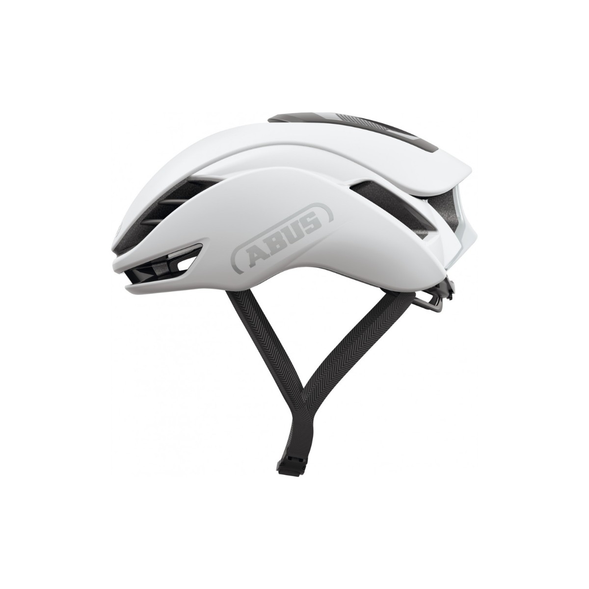 White aerodynamic helmet with a sleek design, featuring ventilation slots and a black adjustable chin strap, branded with the Abus logo on the side.