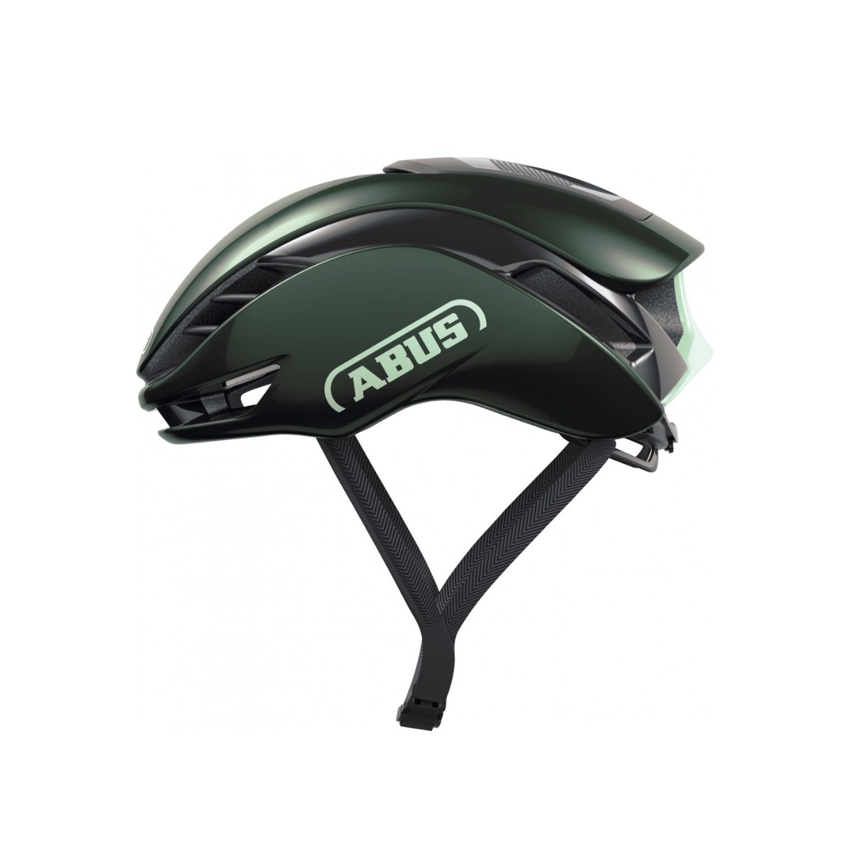 Sleek black and green Abus GameChanger 2.0 helmet featuring aerodynamic design, ventilation slots, and adjustable straps for a secure fit.