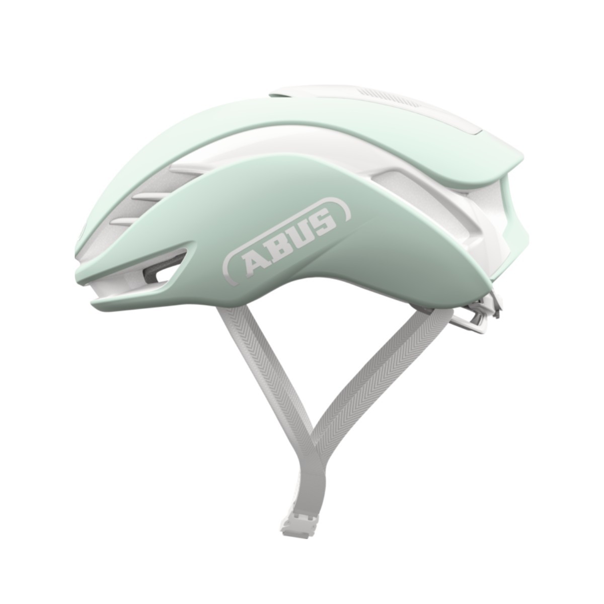 Light green Abus GameChanger 2.0 helmet in size L, featuring aerodynamic design, ventilation slots, and a secure chin strap for optimal fit and comfort.