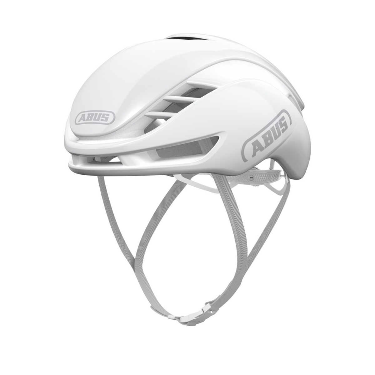 Pure white Abus GameChanger 2.0 road bike helmet featuring aerodynamic design, ventilation slots, and adjustable straps for a secure fit.
