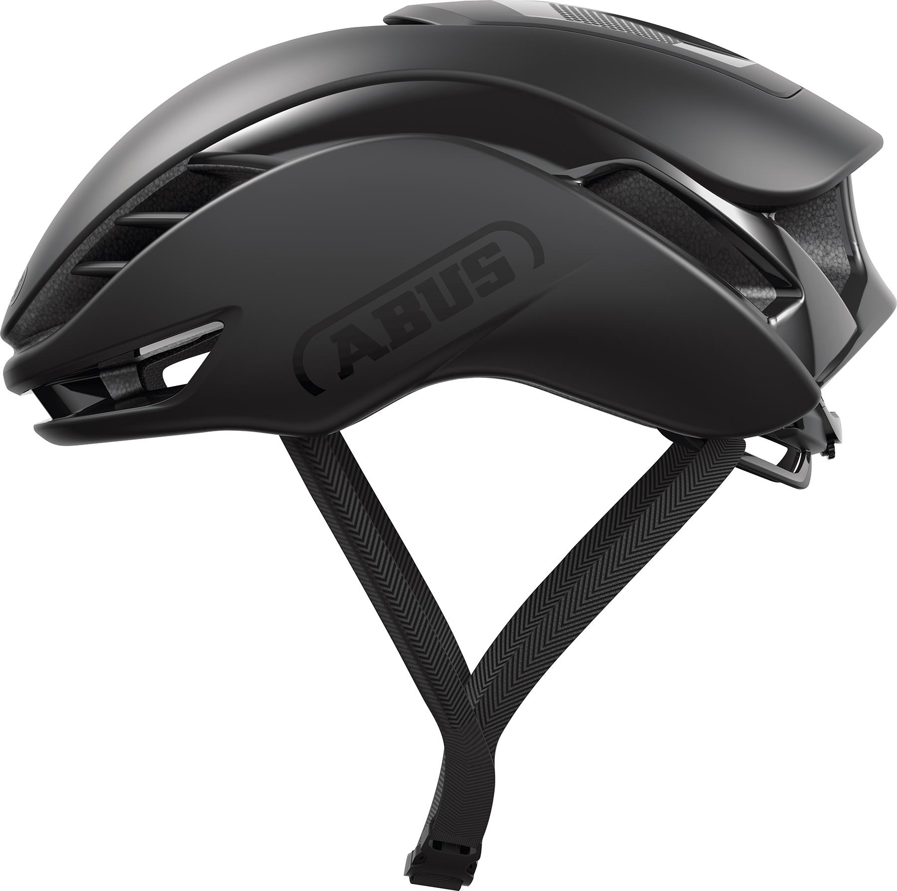 Black Abus GameChanger 2.0 helmet in size L, featuring an aerodynamic design, ventilation slots, and a sleek matte finish with a prominent logo on the side.