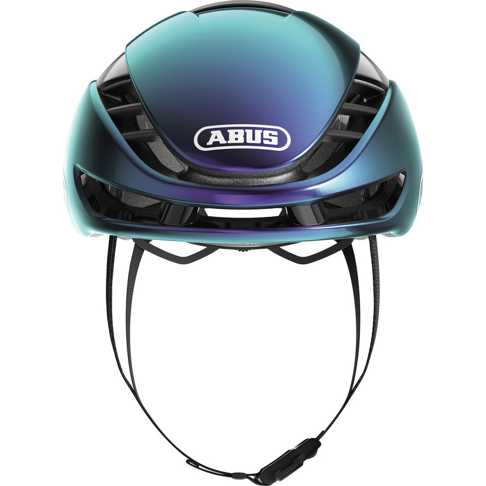 A sleek, aerodynamic helmet in a gradient of teal and purple, featuring ventilation slots, a secure chin strap, and the Abus logo prominently displayed on the front.