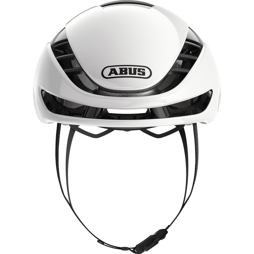 White Abus GameChanger 2.0 MIPS helmet in size L, featuring aerodynamic design, ventilation openings, adjustable chin strap, and prominent Abus logo on the front.