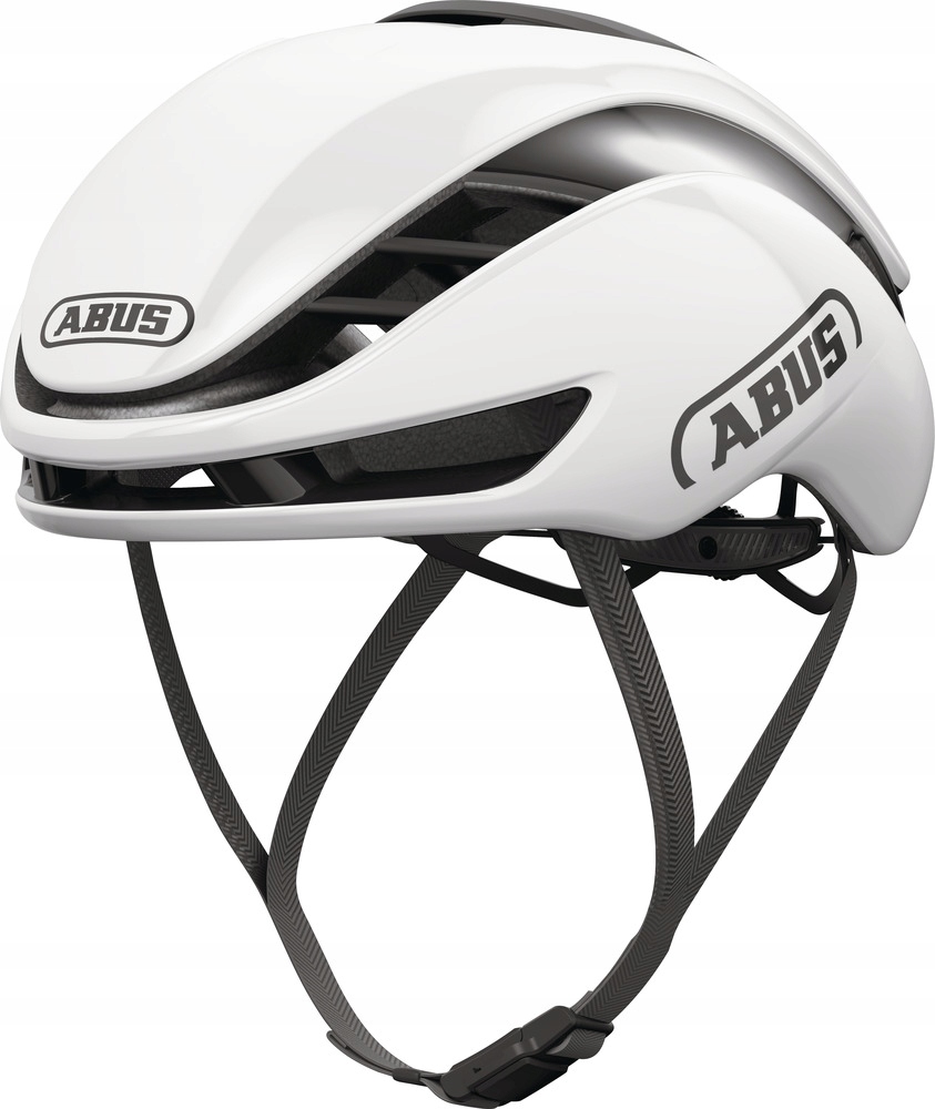 White Abus GameChanger 2.0 MIPS helmet in size M, featuring a sleek aerodynamic design, adjustable straps, and ventilation openings for enhanced airflow.