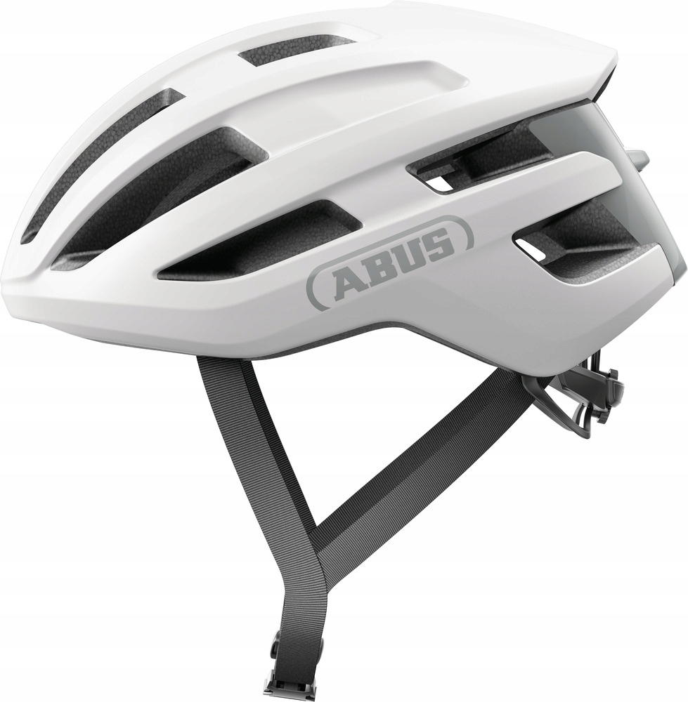 Polar white Abus Powerdome helmet in size M features a sleek aerodynamic design, multiple ventilation slots, and adjustable straps for a secure fit.